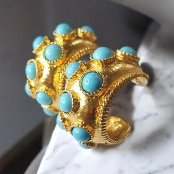 Chunky Oversized Matte Gold Byzantine Turquoise Cabochon Hoop Earrings - Picture 1 of 6